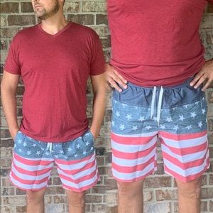 Mens red white and blue American flag swim trunks